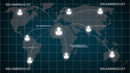Animation of network of digital icons and changing numbers over spinning globe and data processing collegamenti tra persone Social network animation, icons with users connected together. Alpha channel - Powered by Adobe