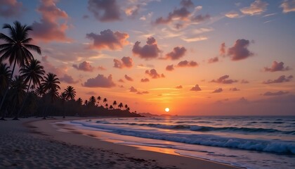 Obraz premium Tropical Beach Sunset: Palm Trees Silhouetted Against Fiery Sky