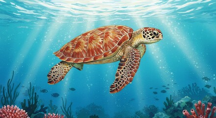 Obraz premium Majestic Sea Turtle Gracefully Swimming in Sunlit Coral Reef
