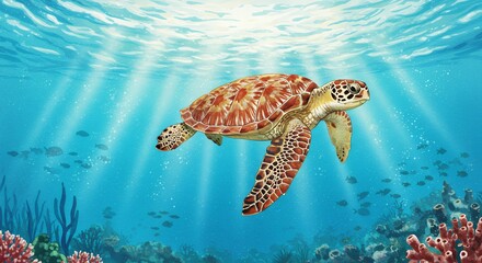 Fototapeta premium Majestic Sea Turtle Gracefully Swimming in Sunlit Ocean Depths