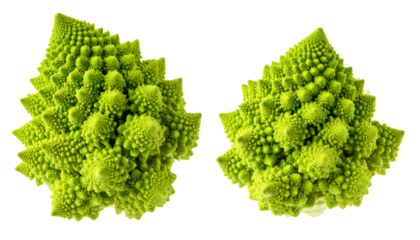 Two heads of romanesco broccoli displaying their fractal patterns, isolated on a transparent background