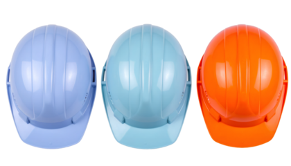 Three colorful safety helmets isolated on transparent background, representing industrial safety and workplace protection