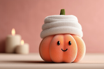 Carved Pumpkin with Towel on Pastel Pink Background Stock Photo