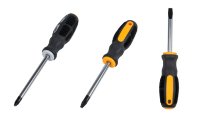 Three screwdrivers with black and yellow ergonomic handle isolated on transparent background