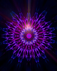 a mesmerizing kaleidoscope of Bluebells flower petals arranged in fractal symmetry, glowing softly against a deep indigo void, subtle prism refractions, created b y generative ai
