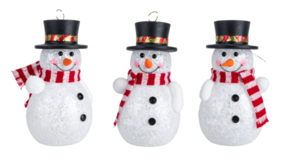 Three smiling snowmen wearing festive top hats and colorful scarves, decorating winter greeting card backgrounds