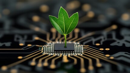 Obraz premium Green Sprout Emerging from Microchip - Technology and Sustainability Concept