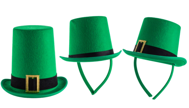 Three Green St. Patrick's Day Hats from Different Angles on Transparent Background
