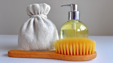 Bathroom shot. Natural textures soap, brush, and a linen bag on a white surface. Minimalist design