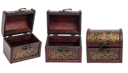 Three empty wooden treasure chests from different angles, isolated on transparent background, ready for your design