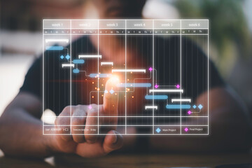 Scheduling activities with a planning software, Corporate strategy for finance, operations, sales, marketing. Project manager working with Gantt chart schedule to plan tasks and deliverables.