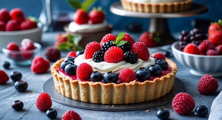 Fruit tart with cream filling and berries on dessert table background