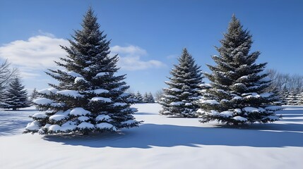 Fototapeta premium Snowy Field with Snow-Covered Trees Under a Clear Blue Sky