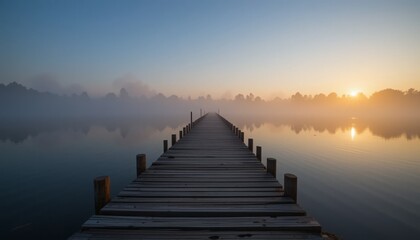 Naklejka premium A tranquil riverside scene at sunrise with a weathered wooden pier, calm water, morning mist, and golden light illuminating the landscape Generative AI