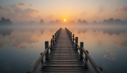 Fototapeta premium A tranquil riverside scene at sunrise with a weathered wooden pier, calm water, morning mist, and golden light illuminating the landscape Generative AI