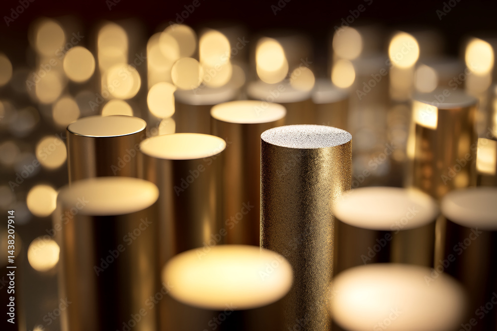 Poster gold cylinders on blurred lights background, creating a showcase or product display scene, ideal for