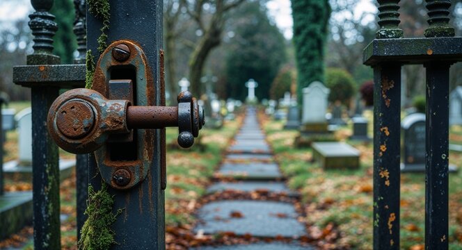 Rusting gate latch with moss covered cemetery path background