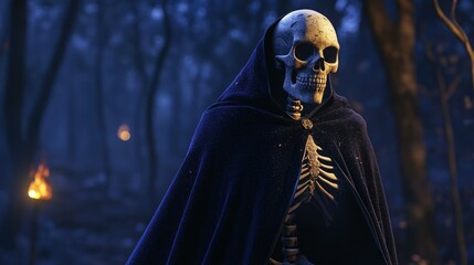 The image captures the essence of a thrilling fantasy adventure. A cloaked figure with a skeletal mask, armed with a glowing staff, stands in the midst of a dark forest. The blue cape adds to the
