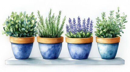 Obraz premium Four potted herbs (lavender, rosemary, thyme) on a shelf.