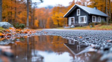 A quaint cabin nestled in a vibrant autumn forest, serene reflection in a puddle on a gravel path, and peaceful countryside setting.