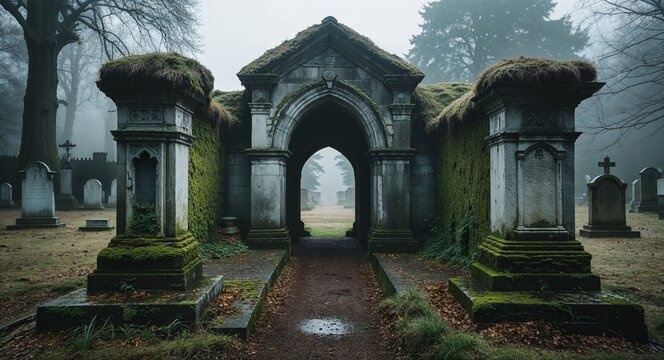 Ancient crypt with moss covered walls in foggy cemetery background