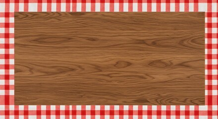 AI image red and white checkered gingham tablecloth creating a frame around a central dark wooden texture background, ideal for menu.