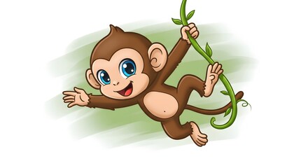 Fototapeta premium AI image featuring an adorable cartoon monkey swinging joyfully on a green jungle vine, smiling widely with big blue eyes.