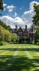 Fototapeta premium Grand Mansion House with Lawn and Sky View, Classic Architecture, Summer Day, Green Space