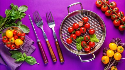 Top view of picnic flatlay with steel barbecue utensils, fresh tomatoes, and leafy greens