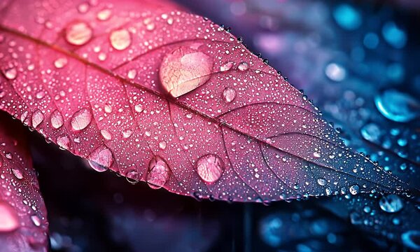 Detailed Macro Shot of a Pink Leaf with Water Droplets on Dark Blue Background for Adobe Stock