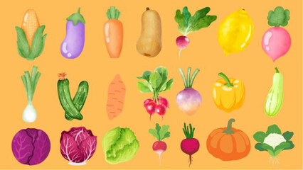 A vibrant vector image featuring a variety of fresh vegetables like carrots, tomatoes, broccoli and leafy greens, arranged in a colorful, lively composition with a clean and natural style.

