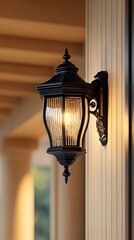 Lit Black Ornate Wall Lamp with Ribbed Glass on Light Wood Panel, Soft Background