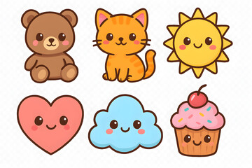 Fototapeta premium Cute Kawaii Characters Clipart: Delightful collection of six adorable kawaii characters, including a bear, cat, sun, heart, cloud, and cupcake, all with cheerful expressions and charming features.