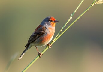Fototapeta premium A Vibrant Red-Crowned Finch Perched Gracefully on a Green Stalk