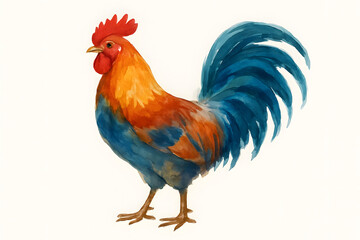 Fototapeta premium Rooster with Striking Blue Tail: A vibrant rooster, with a bold red comb and wattle, stands proudly with his striking blue tail feathers fanned out in a display of majestic plumage.