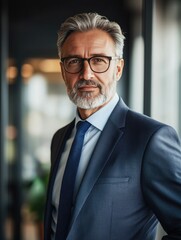 Fototapeta premium The image depicts a man in a business suit, standing confidently with his hands placed on the hips. He has short hair and is wearing glasses. The attire includes a light-colored shirt and a dark tie,