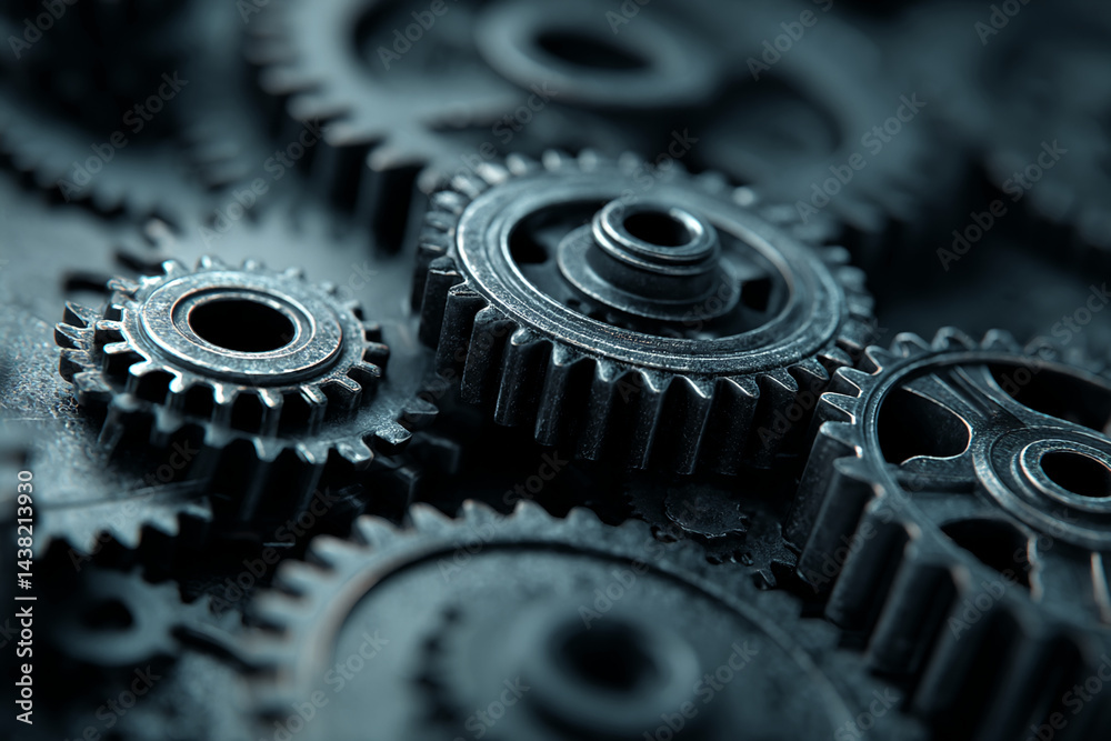 Poster close-up of metallic gears interlocking, showcasing intricate detail and mechanical precision, symbo