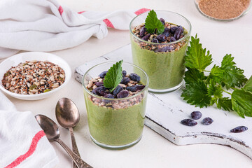 Healthy eating, lifestyle, veganism, alkaline diet, vegetarian concept. Green smoothies from nettle and yogurt, with honey, bran, seed mix and honeysuckle. Garnished with a mint leaf
