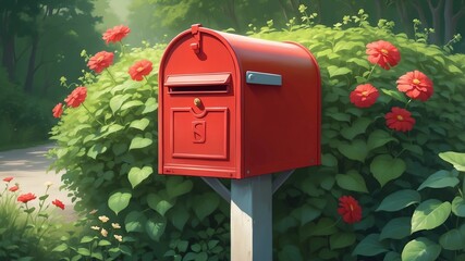 Red mailbox standing near blooming bushes on a sunny day