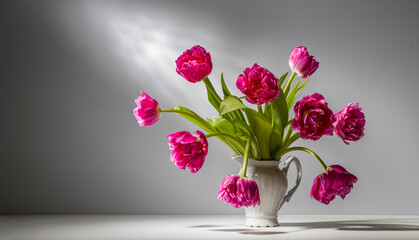 A bouquet of pink tulips in a white vase on a light background