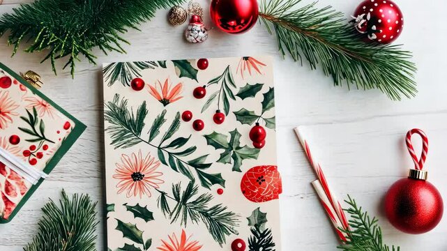 Festive gift wrapping with christmas ornaments and evergreen decor