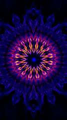 Fototapeta premium a mesmerizing kaleidoscope of Bluebells flower petals arranged in fractal symmetry, glowing softly against a deep indigo void, subtle prism refractions, created b y generative ai