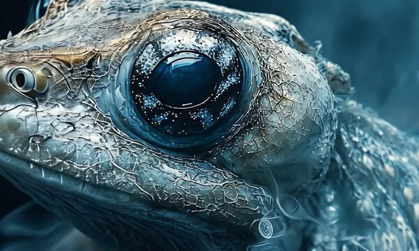 Detailed Portrait Of A textured Frog Face With Intense Blue Eyes Surrounded By Swirling Smoke On Dark Background