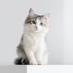 a cute cat sitting on a clean white background, playful pose, fluffy fur