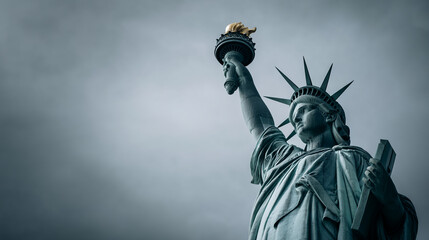 Fototapeta premium Low-angle view of Statue Liberty, holding torch, against a gray sky, showcasing strength and freedom, symbolic of American ideals and heritage