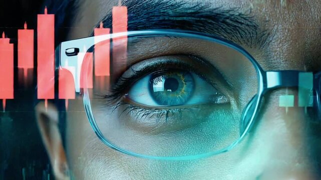 Extreme close-up investor eye tiny stock chart candlesticks, biometric wristband heartbeat glow, heatmap overlays eye tech, finance, retail sectors, soft volumetric lighting, cinematic micro lens