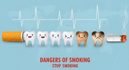 AI image illustrating smoking dangers: cartoon teeth decaying from healthy to stained by cigarette smoke, beneath EKG line, urging quitting.