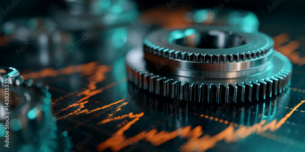 Poster Close-up of metallic gears on a dark background with orange graph lines, symbolizing precision, mechanics, and data processing for industrial or technological concepts