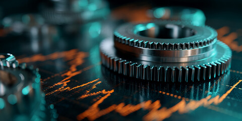 Close-up of metallic gears on a dark background with orange graph lines, symbolizing precision, mechanics, and data processing for industrial or technological concepts