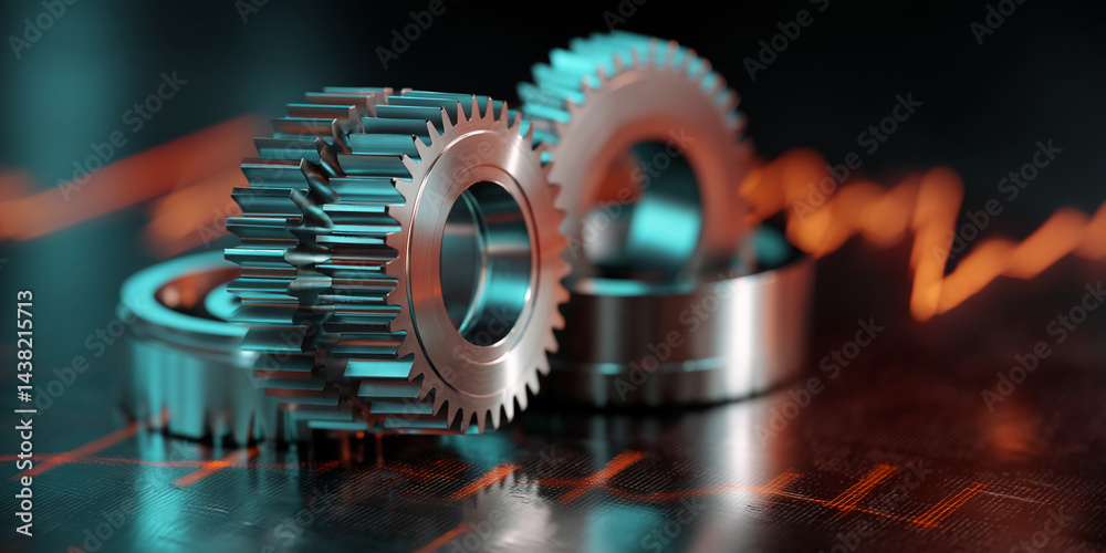 Poster Close-up of metallic gears on a graph background, showcasing industrial precision and interconnectedness, symbolizing teamwork, efficiency, and progress in business